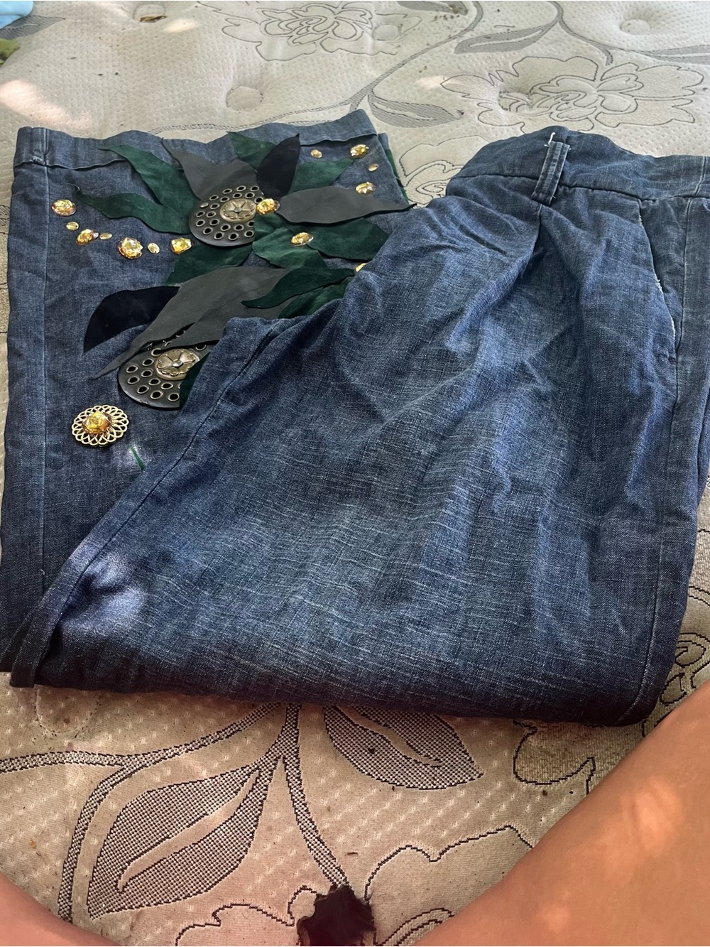 Express Dark Blue Straight Leg Jeans with Green & Black Leaf Appliqué